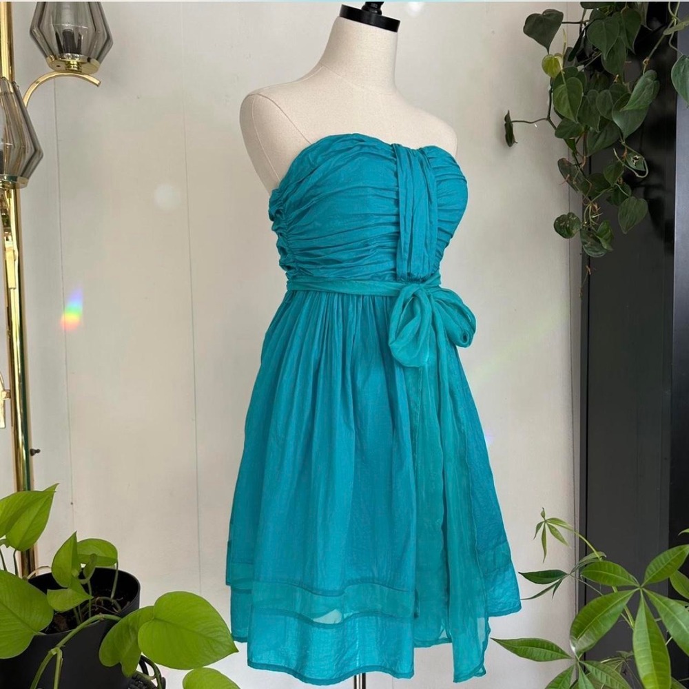 Alberta Ferretti Macys Teal Strapless Babydoll Mini Dress Cotton Size 4